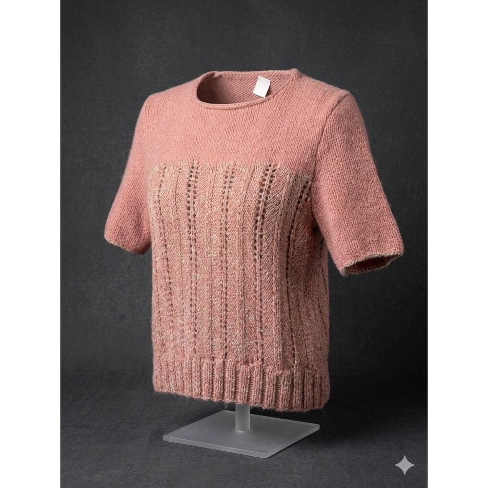 Vintage Hand Knit Wool Crop Top Pink Pointelle Cottagecore Coquette Aesthetic SM